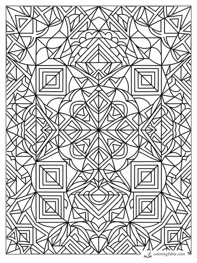 Intricate geometric coloring page with mirrored diamonds, nested squares, triangles, and curved petal arcs