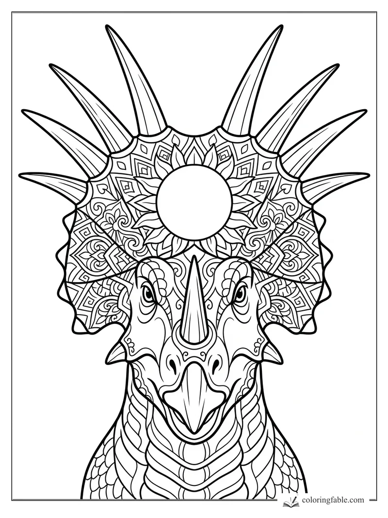 Intricate triceratops mandala coloring page with tall horns, floral frill patterns, and scale details