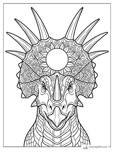 Intricate triceratops mandala coloring page with tall horns, floral frill patterns, and scale details