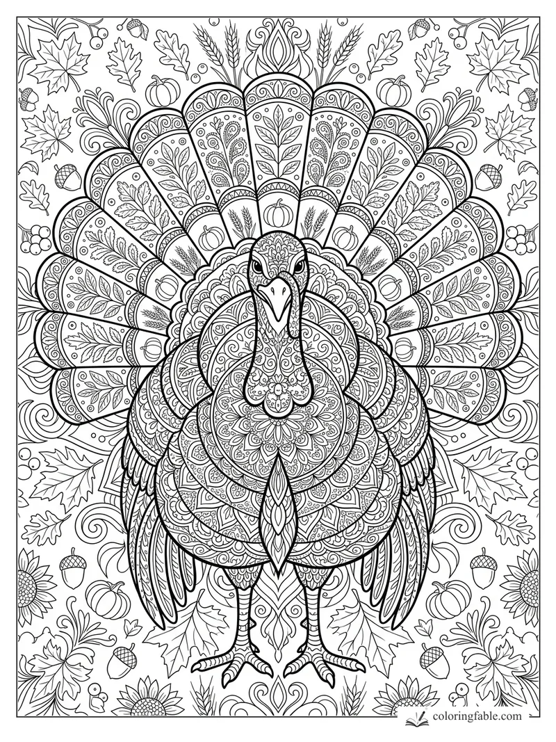 Intricate Thanksgiving turkey mandala with fanned feathers, pumpkins, acorns, wheat, and fall leaves