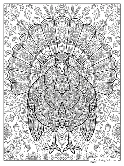 Intricate Thanksgiving turkey mandala with fanned feathers, pumpkins, acorns, wheat, and fall leaves