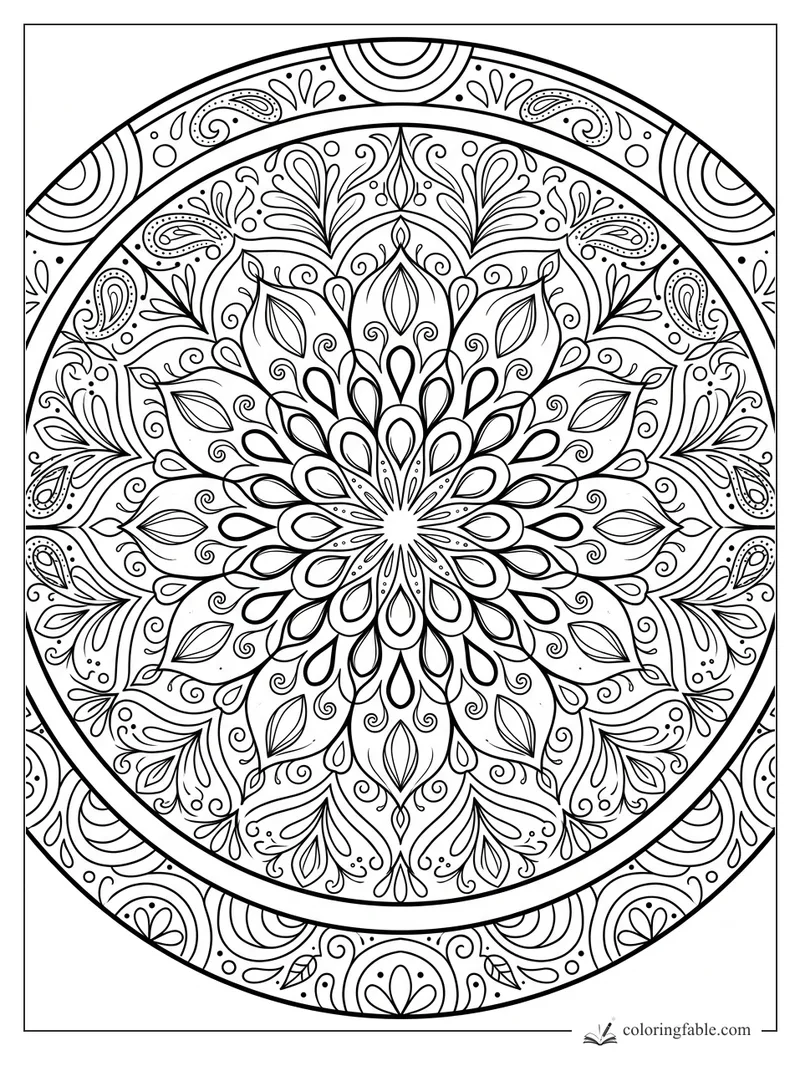 Intricate watermelon mandala with seed-like teardrops, leafy curls, paisley shapes, and ringed rind border
