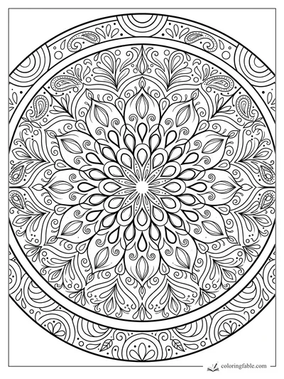 Intricate watermelon mandala with seed-like teardrops, leafy curls, paisley shapes, and ringed rind border