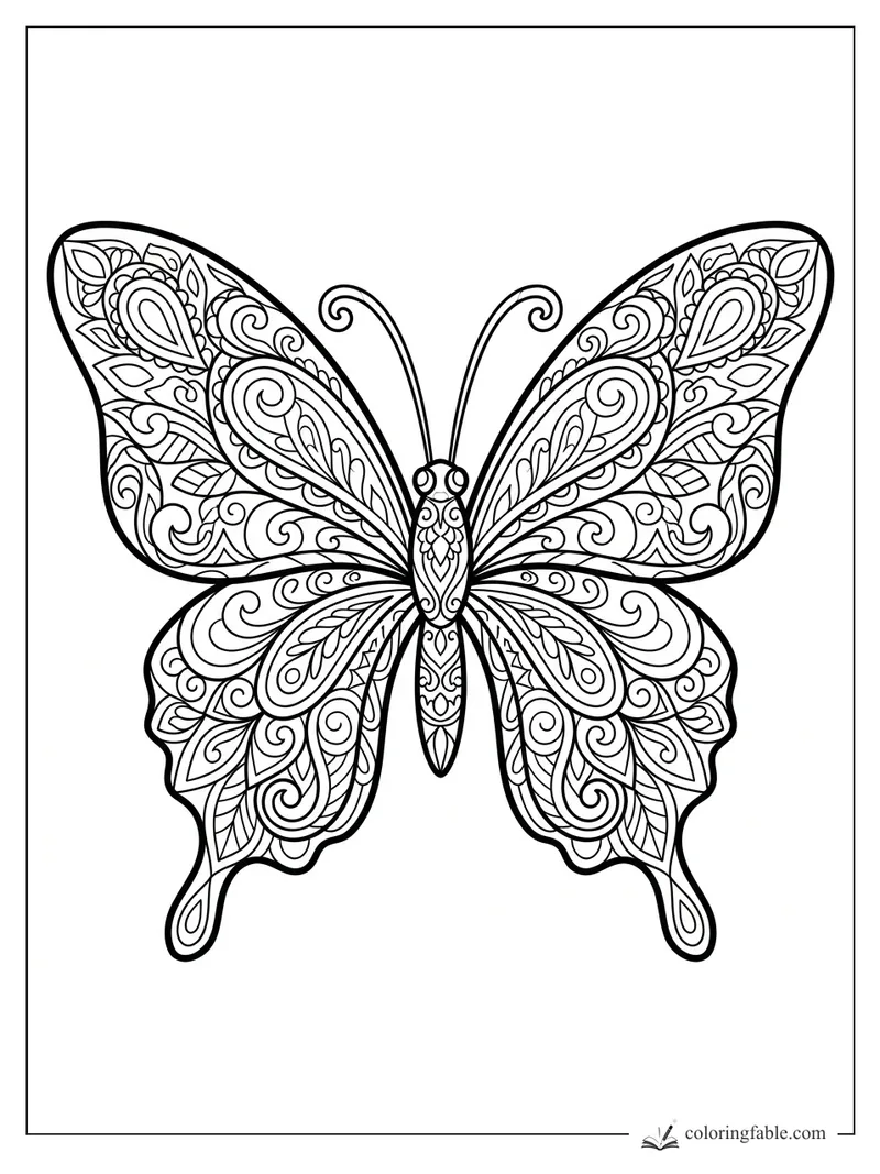 Intricate zentangle butterfly coloring page with paisley wings, curled antennae, leaves, swirls, and teardrop patterns