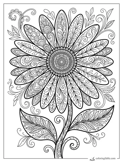 Intricate zentangle daisy coloring page with patterned petals, round center, curling vines, and detailed leaves.