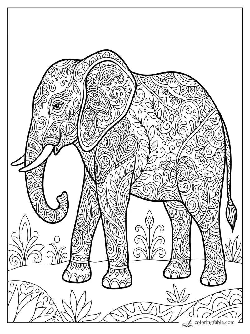 Intricate zentangle elephant coloring page with tusks, curled trunk, floral paisleys, and patterned plants