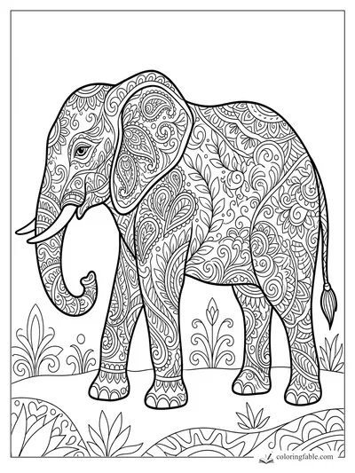 Intricate zentangle elephant coloring page with tusks, curled trunk, floral paisleys, and patterned plants
