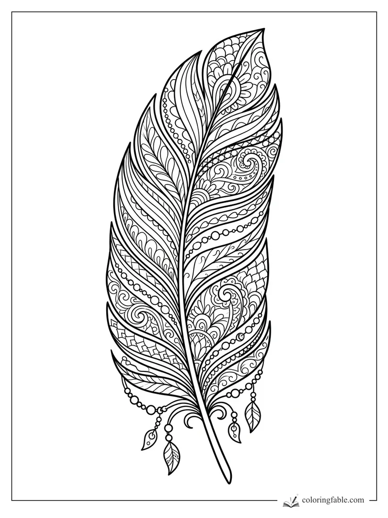 Intricate zentangle feather with paisley curls, bead strands, leaf charms, and patterned barbs