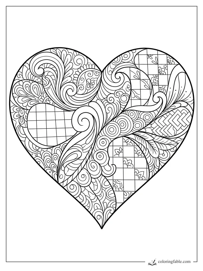 Intricate zentangle heart coloring page with paisley swirls, grids, leaves, circles, and chevron patterns