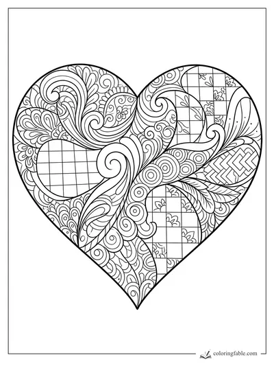 Intricate zentangle heart coloring page with paisley swirls, grids, leaves, circles, and chevron patterns