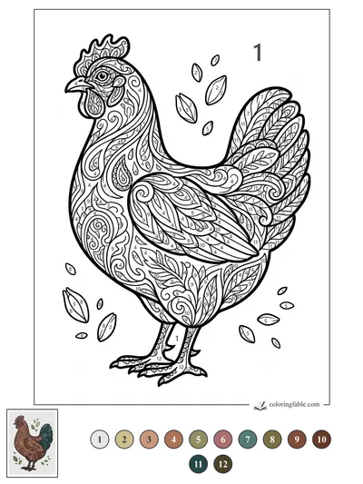 Intricate Zentangle Hen with Falling Leaves — color by number