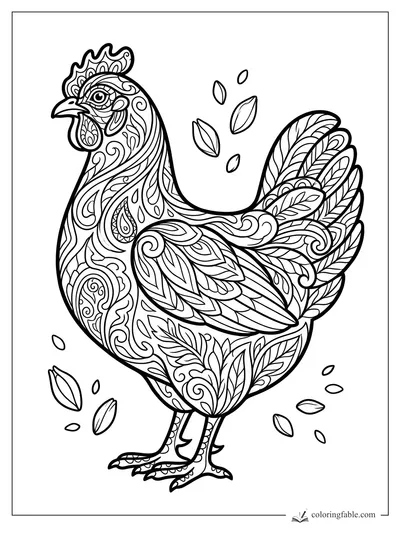 Intricate zentangle hen with patterned feathers, curved comb, alert eye, and falling leaves