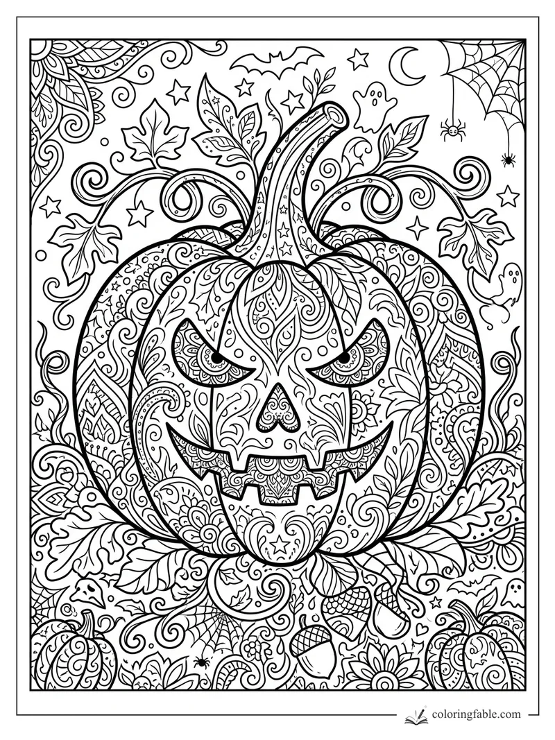 Intricate zentangle jack-o'-lantern with vines, ghosts, bats, stars, moon, spiders, leaves, and webs.