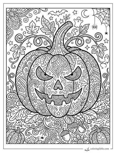 Intricate zentangle jack-o'-lantern with vines, ghosts, bats, stars, moon, spiders, leaves, and webs.