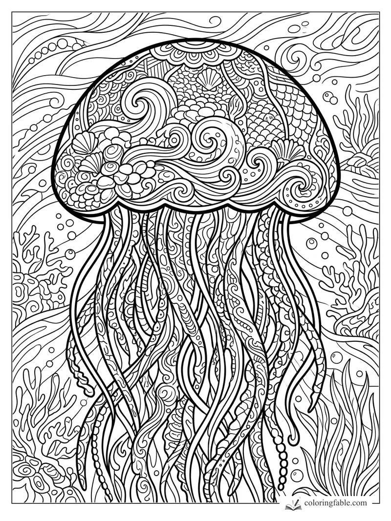 Intricate zentangle jellyfish with patterned bell, flowing tentacles, coral, bubbles, and swirling currents.