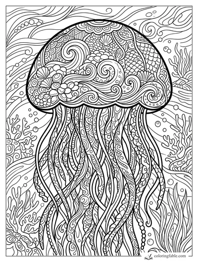 Intricate zentangle jellyfish with patterned bell, flowing tentacles, coral, bubbles, and swirling currents.
