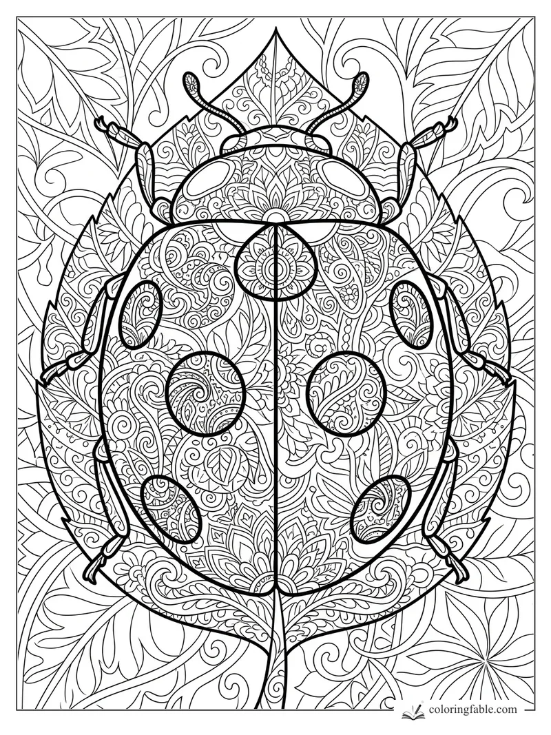 Intricate zentangle ladybug with patterned wings, curling antennae, and leafy background