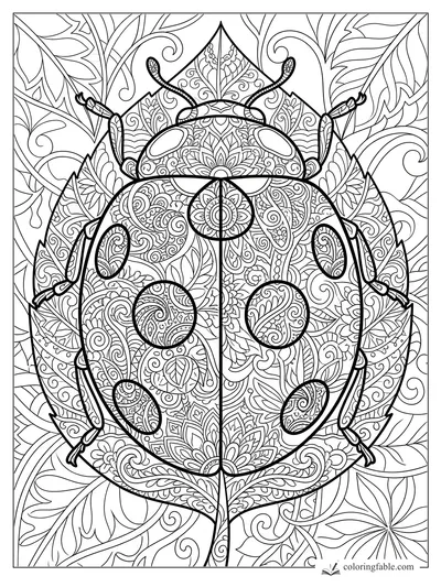 Intricate zentangle ladybug with patterned wings, curling antennae, and leafy background