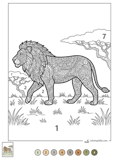 Intricate Zentangle Lion Walking Past Acacia Trees — color by number