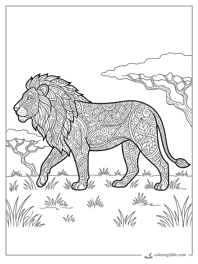 Intricate zentangle lion walking through grass with acacia trees and patterned mane