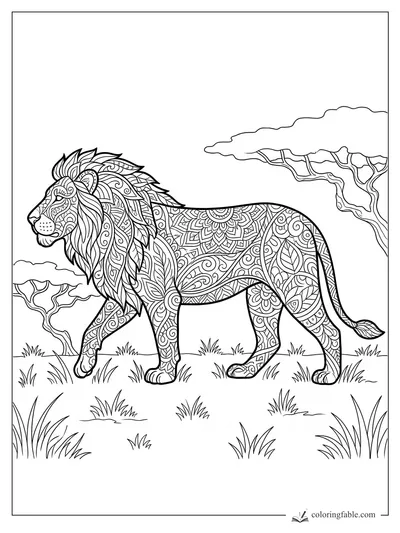 Intricate zentangle lion walking through grass with acacia trees and patterned mane