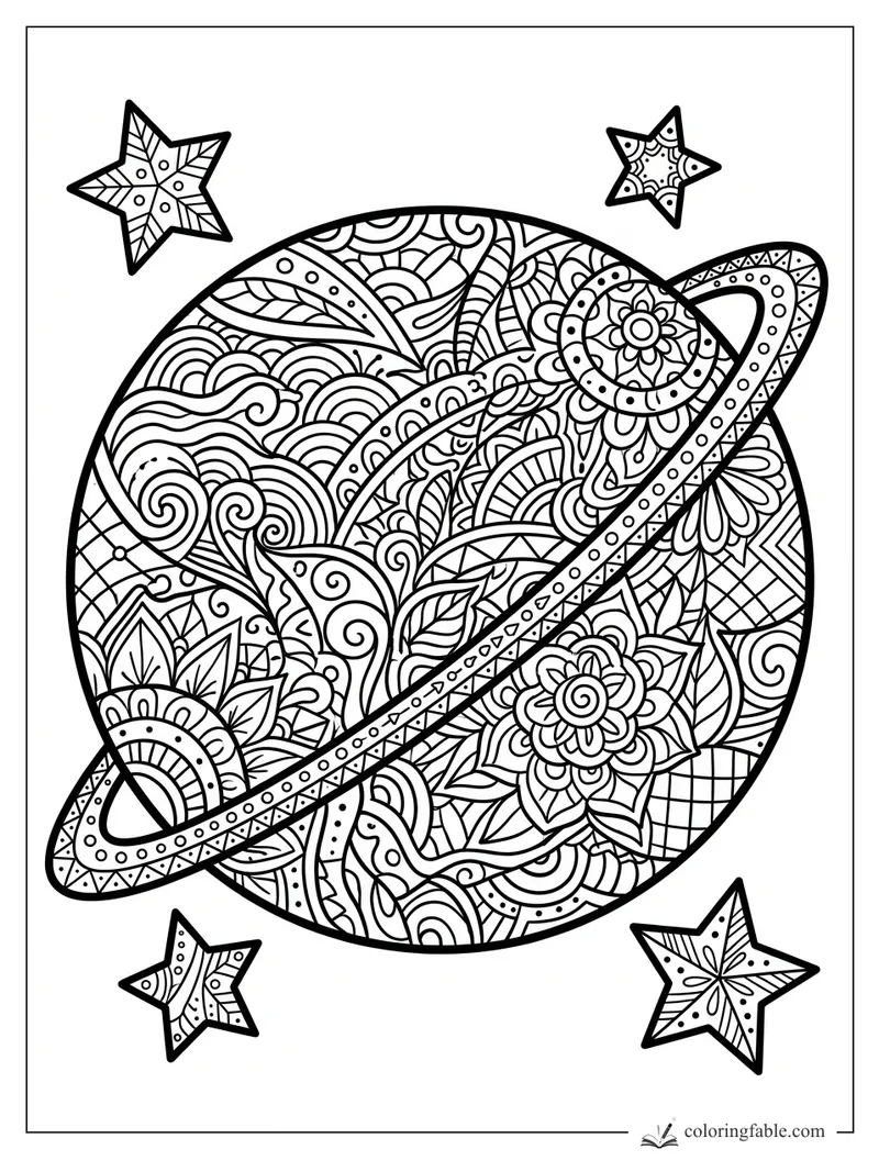 Zentangle ringed planet with floral, wave, leaf, and spiral patterns plus four decorated stars