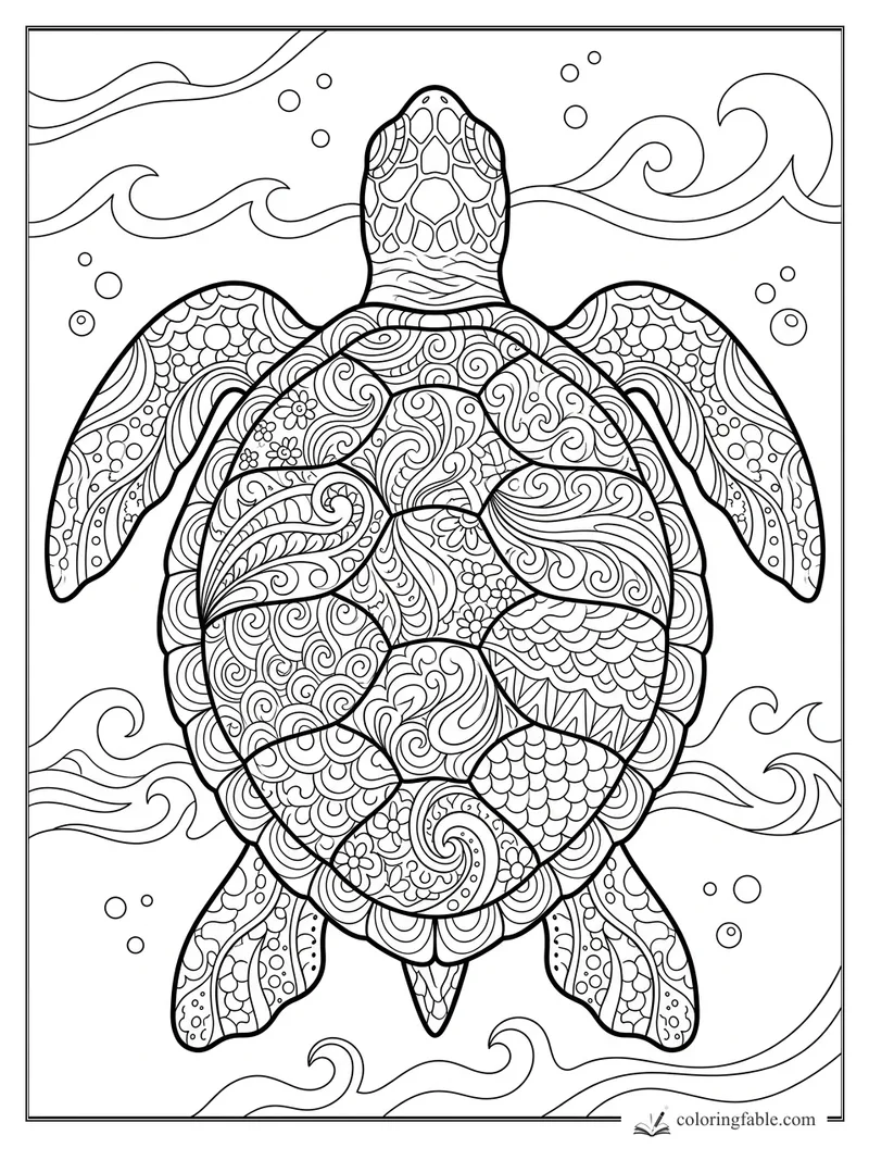 Intricate zentangle sea turtle with patterned shell, flippers, bubbles, and curling ocean waves