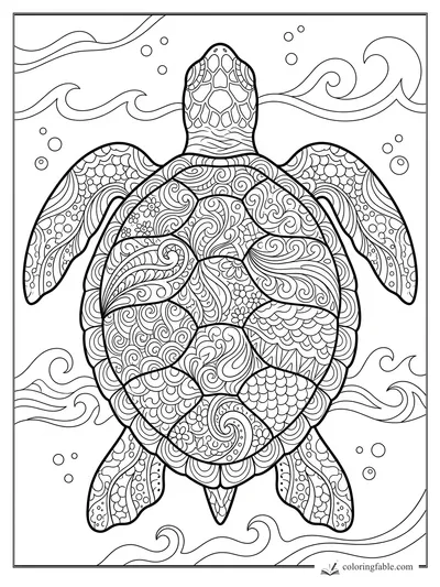 Intricate zentangle sea turtle with patterned shell, flippers, bubbles, and curling ocean waves