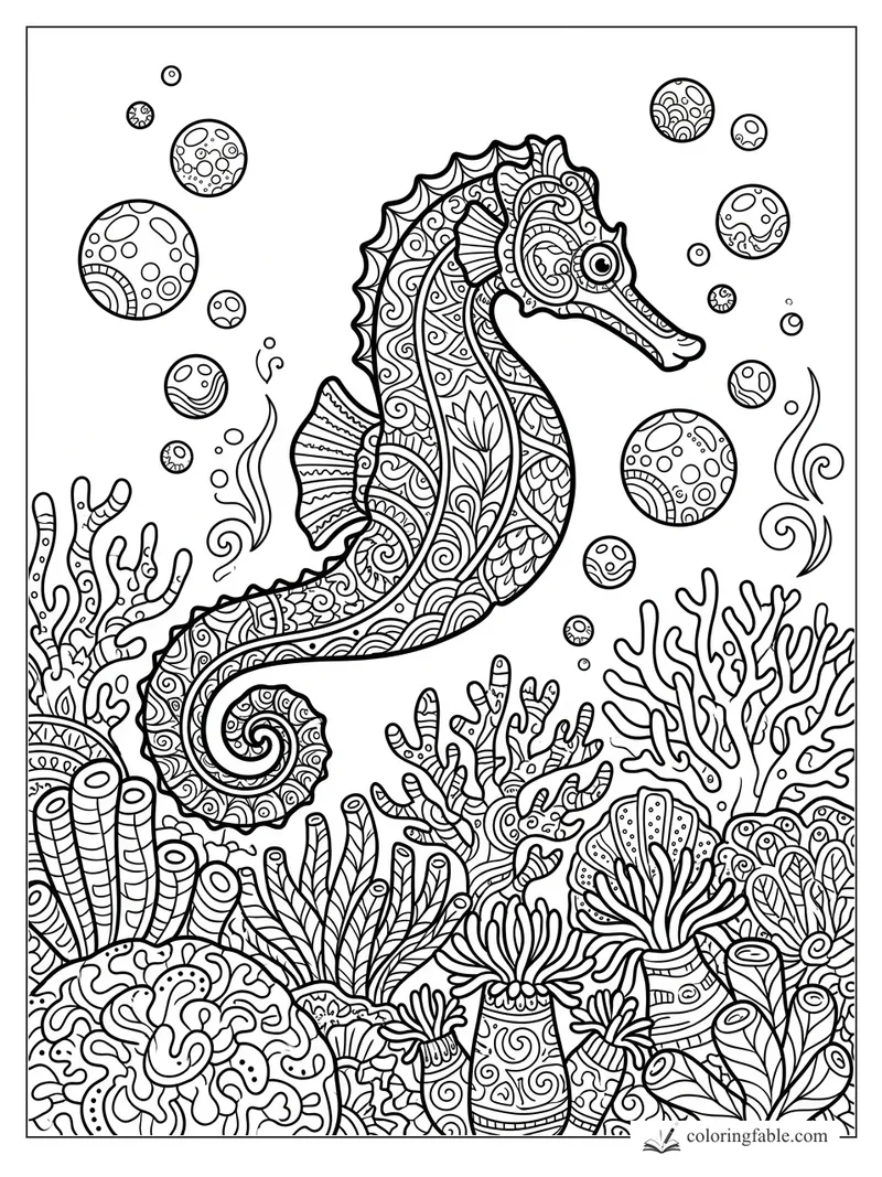 Intricate zentangle seahorse with patterned bubbles, coral branches, tube sponges, and reef plants
