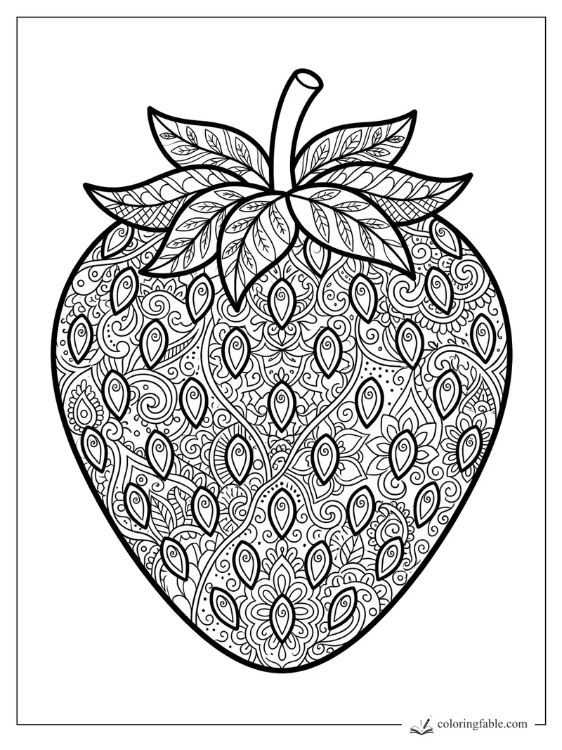 Intricate zentangle strawberry coloring page with leafy top, stem, seeds, spirals, florals, and paisley patterns.