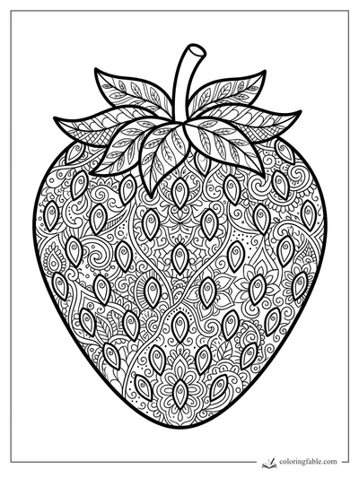 Intricate zentangle strawberry coloring page with leafy top, stem, seeds, spirals, florals, and paisley patterns.