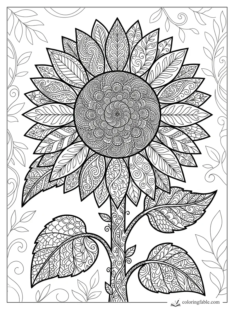 Intricate zentangle sunflower with patterned petals, spiral center, leafy stem, and vine border