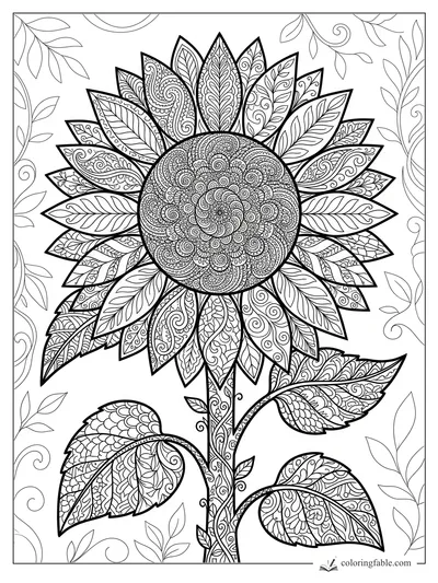Intricate zentangle sunflower with patterned petals, spiral center, leafy stem, and vine border