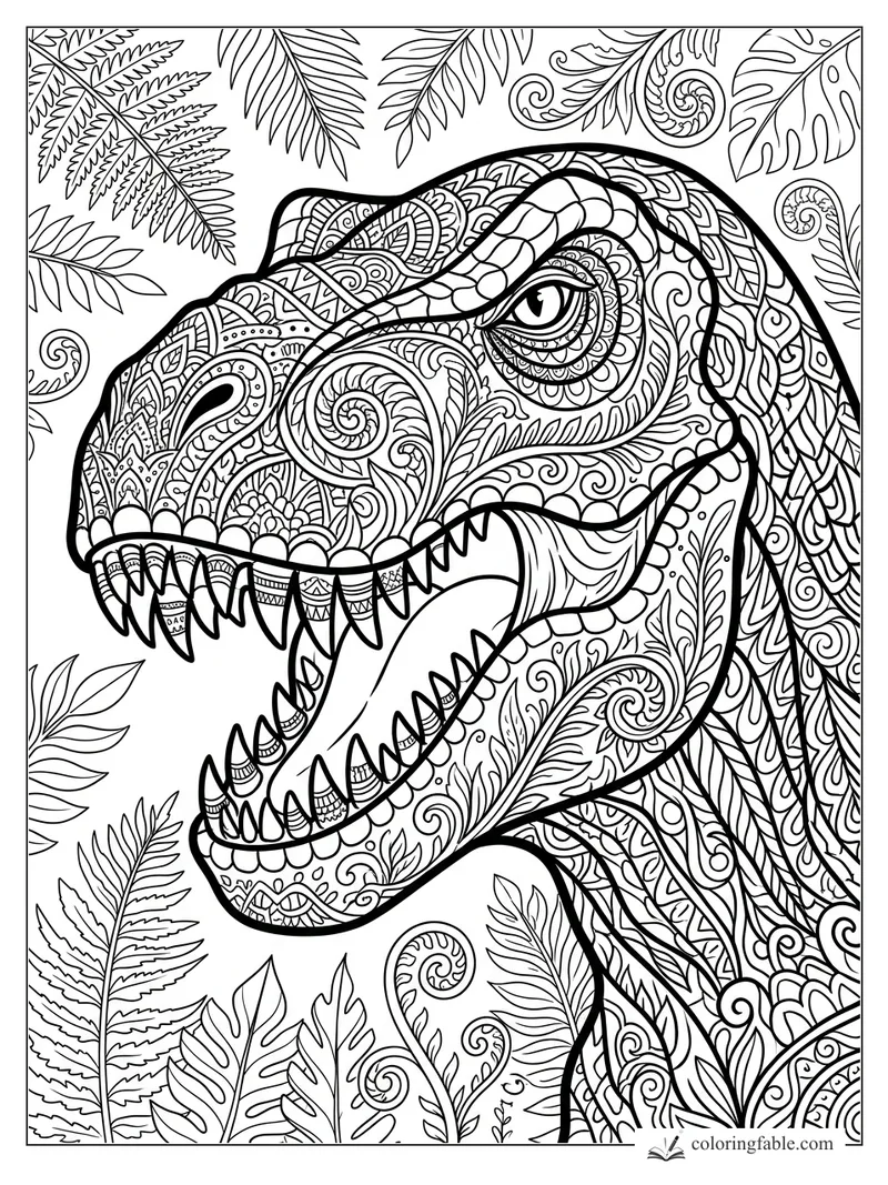 Zentangle T. rex head with open jaws, sharp teeth, leafy ferns, and swirling dinosaur patterns