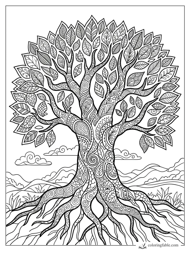 Intricate zentangle tree coloring page with patterned leaves, swirling trunk, exposed roots, hills, and clouds