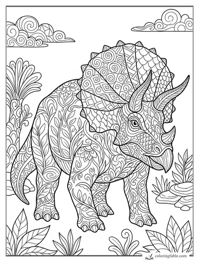 Zentangle triceratops with patterned frill, three horns, ferns, stones, and spiral clouds