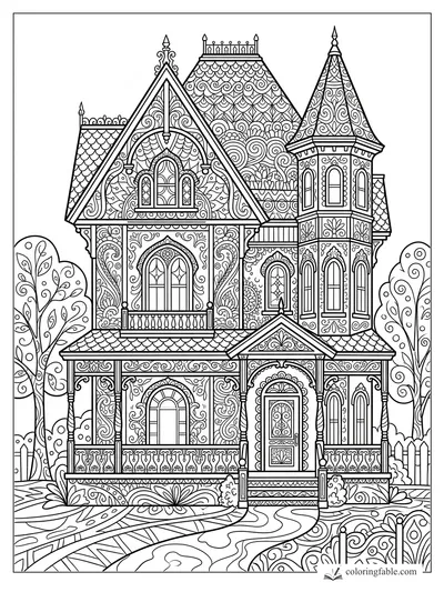 Intricate zentangle Victorian house with turret, patterned roofs, porch railings, trees, fence, and winding path.
