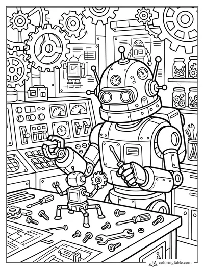 Cartoon inventor robot holding a screwdriver beside a tiny robot on a busy gear-filled workbench