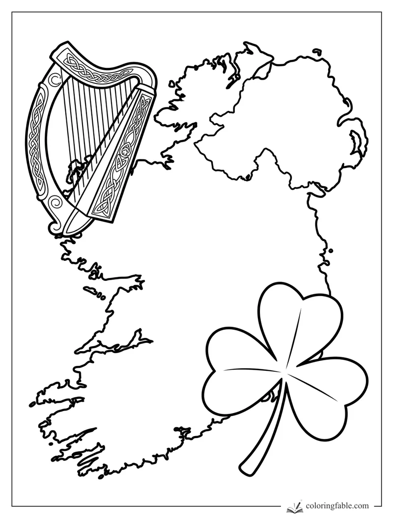 Ireland outline with a Celtic harp and large shamrock coloring page