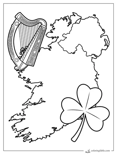 Ireland outline with a Celtic harp and large shamrock coloring page