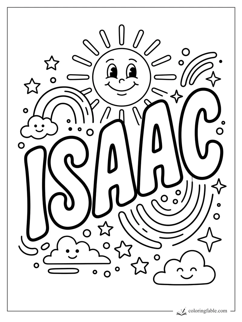 Isaac name coloring page with smiling sun, clouds, rainbows, stars, and bubbles