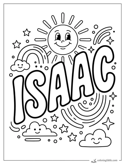 Isaac name coloring page with smiling sun, clouds, rainbows, stars, and bubbles