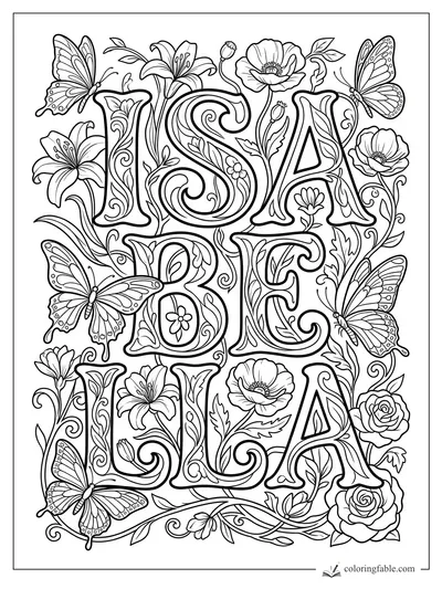 Isabella name coloring page with ornate letters, flowers, vines, and butterflies in art nouveau style