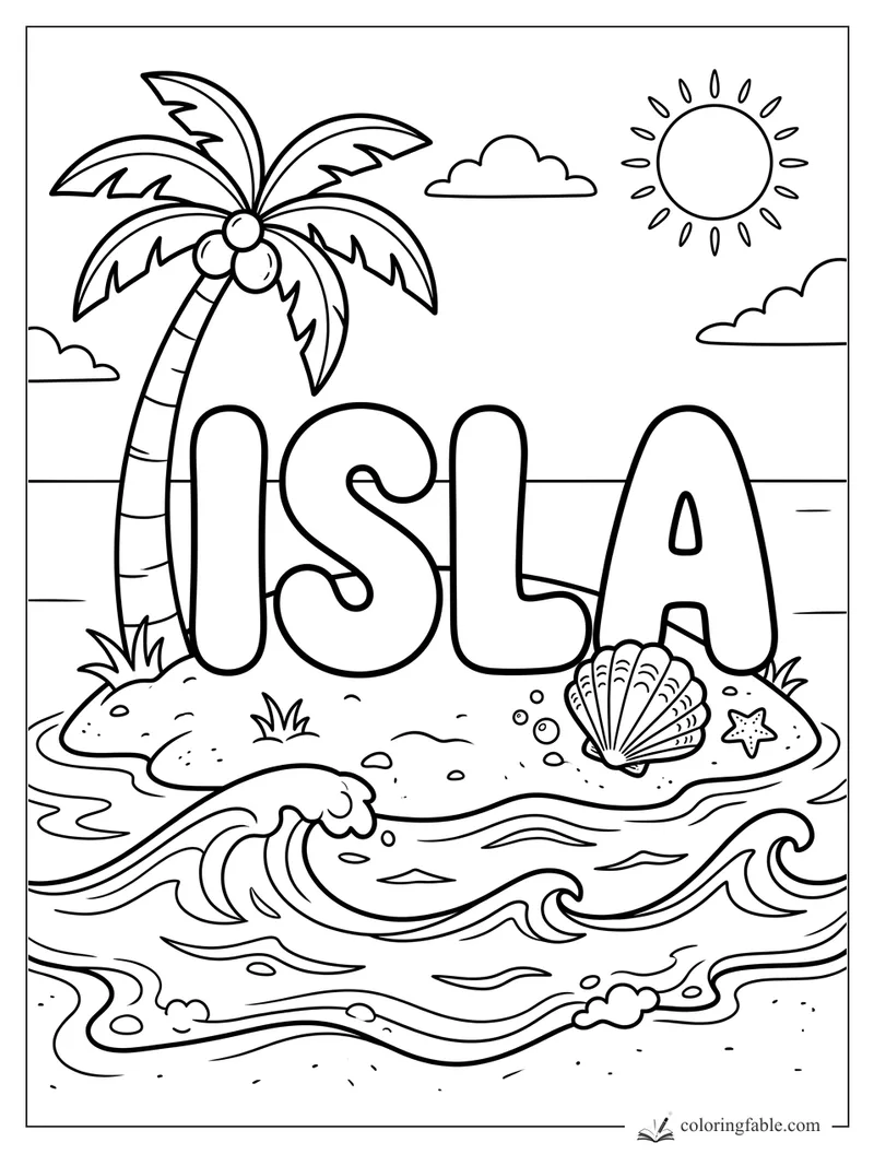 Isla name coloring page with palm tree, coconuts, seashell, starfish, waves, sun, and clouds.