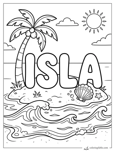 Isla name coloring page with palm tree, coconuts, seashell, starfish, waves, sun, and clouds.