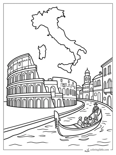 Italy outline over the Colosseum, canal buildings, and a gondola with passengers