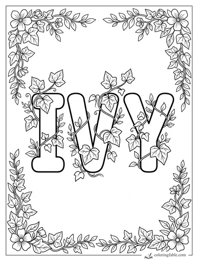 Bold IVY letters wrapped in ivy vines, leaves, buds, and a floral border for coloring
