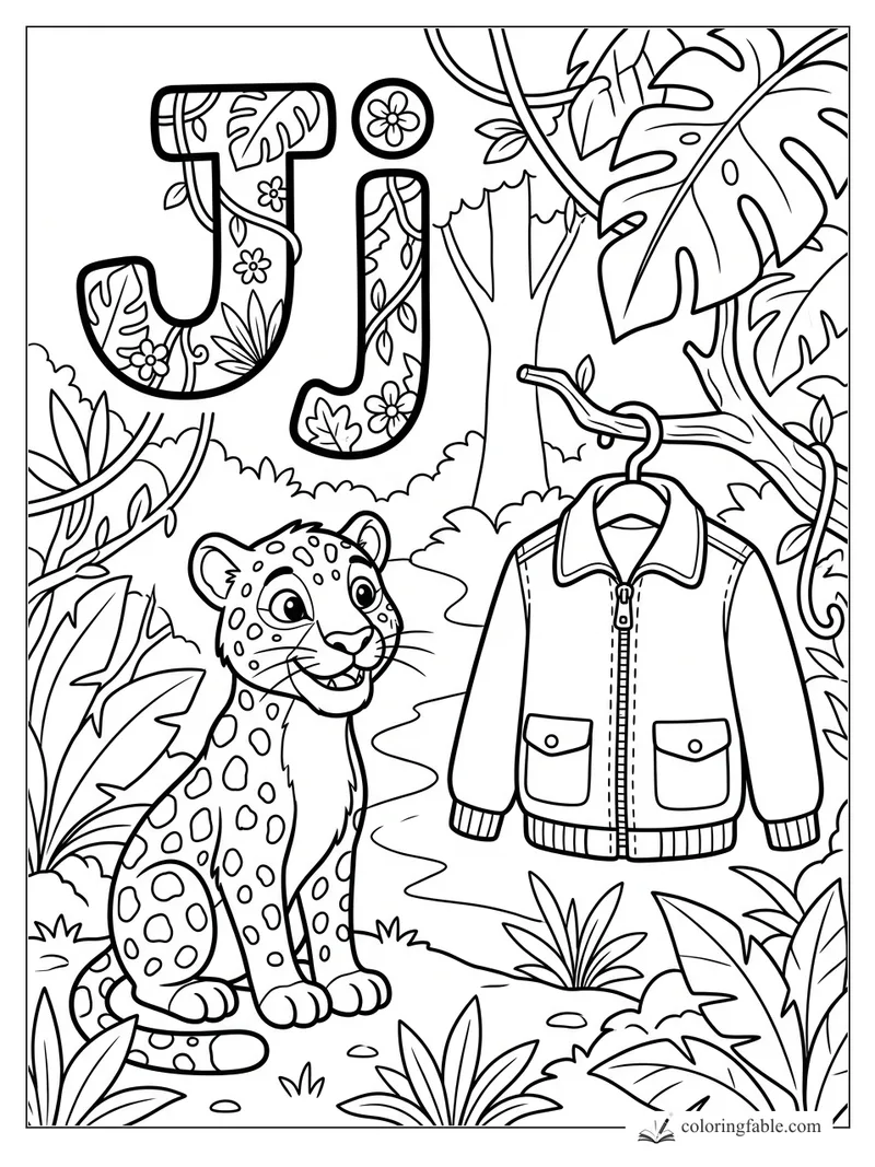 Cartoon letter J coloring page with a spotted jaguar, hanging jacket, jungle leaves, and floral J letters