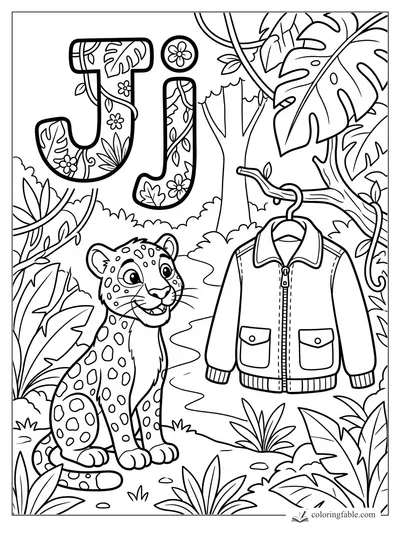 Cartoon letter J coloring page with a spotted jaguar, hanging jacket, jungle leaves, and floral J letters