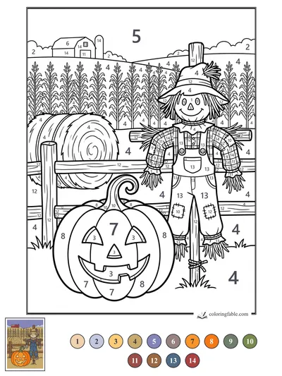 Jack-o’-Lantern by the Cornfield Scarecrow — color by number